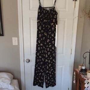 No Boundaries Black Floral Spaghetti-Strap Wide-Leg Jumpsuit